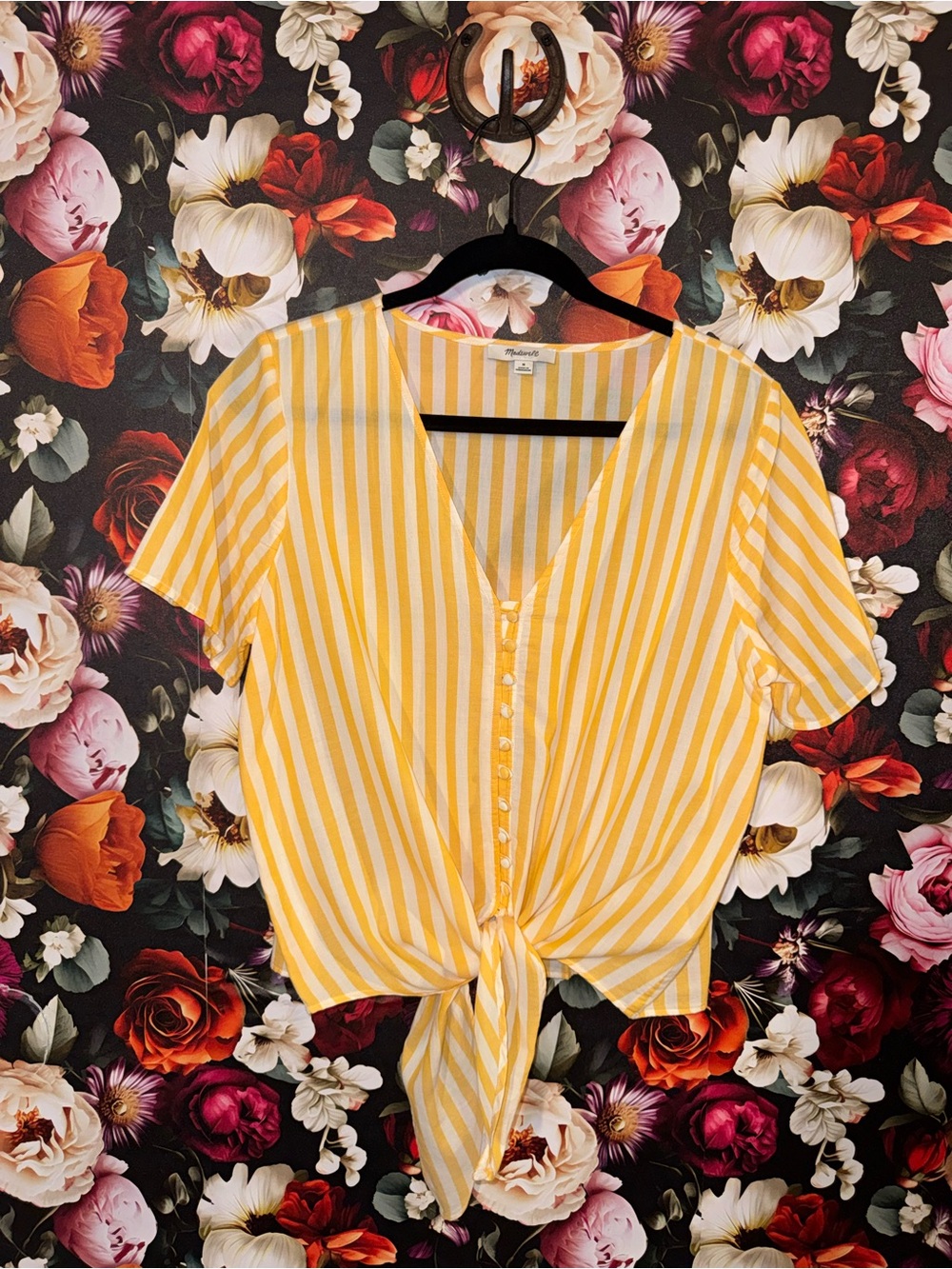 Madewell Button-Up Yellow & White Striped Tie-Front Blouse, Medium
